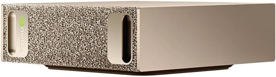 Close-up of the gold NVIDIA DGX Spark chassis